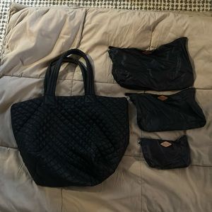 MZ Wallace Large Metro Tote with handles & 3 smaller cosmetic nylon pouches.